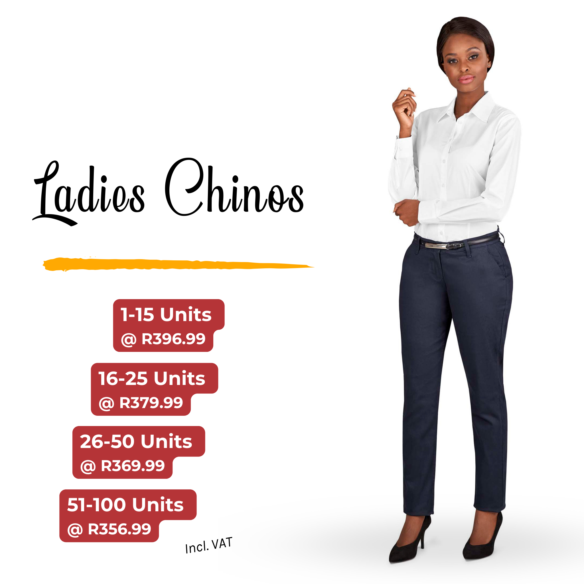 Ladies Stretch Chino R396.99 each Volume Discounts Chef Gear